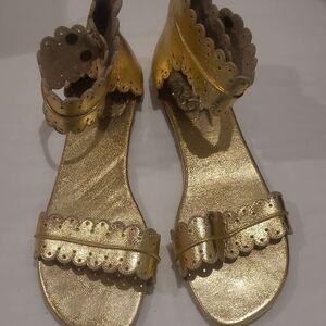 Gold Scalloped Ankle-Strap Women's Sandals Womens 10 Leather Elf Handmade GUC